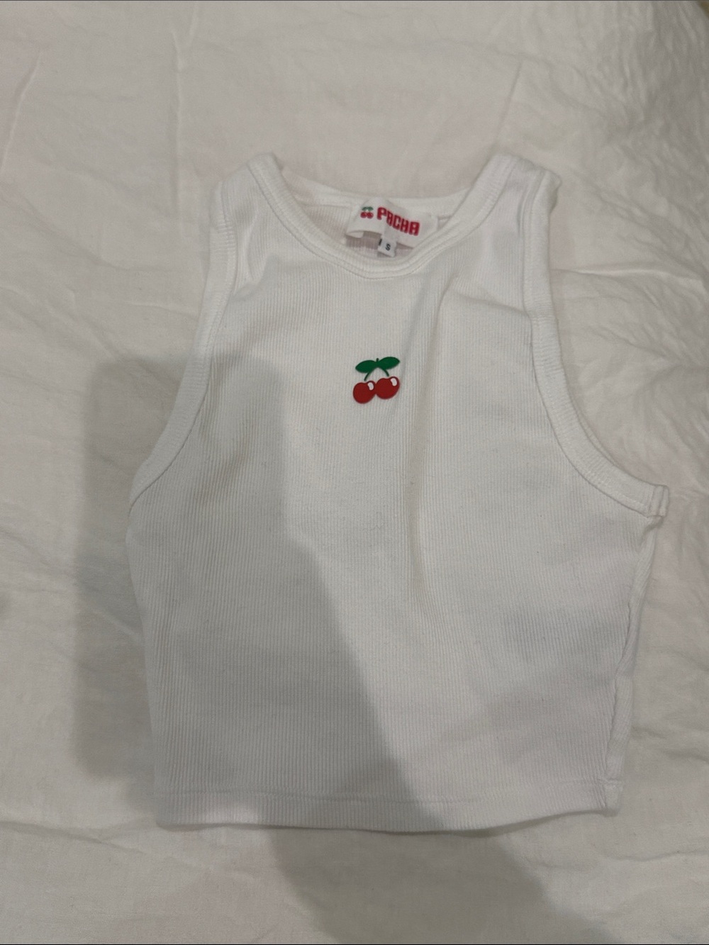 Pacha cropped White Ribbed Cherry Tank